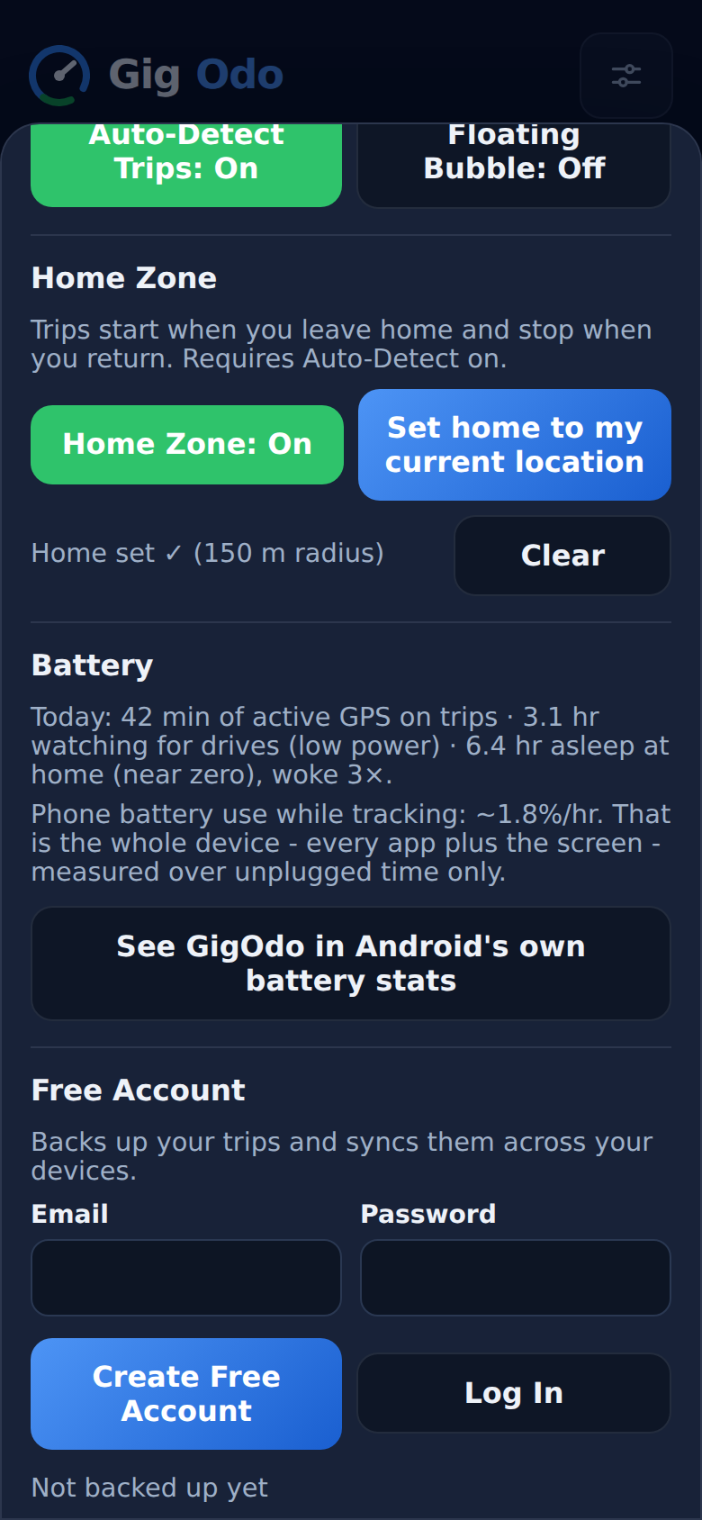 GigOdo Battery panel showing minutes of GPS use, low-power hours, deep sleep time, and measured battery use per hour