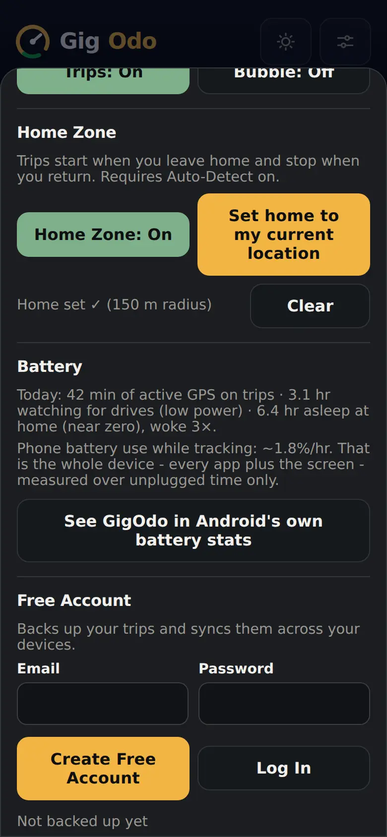 GigOdo battery panel showing minutes of GPS use, low-power hours, and measured battery use per hour