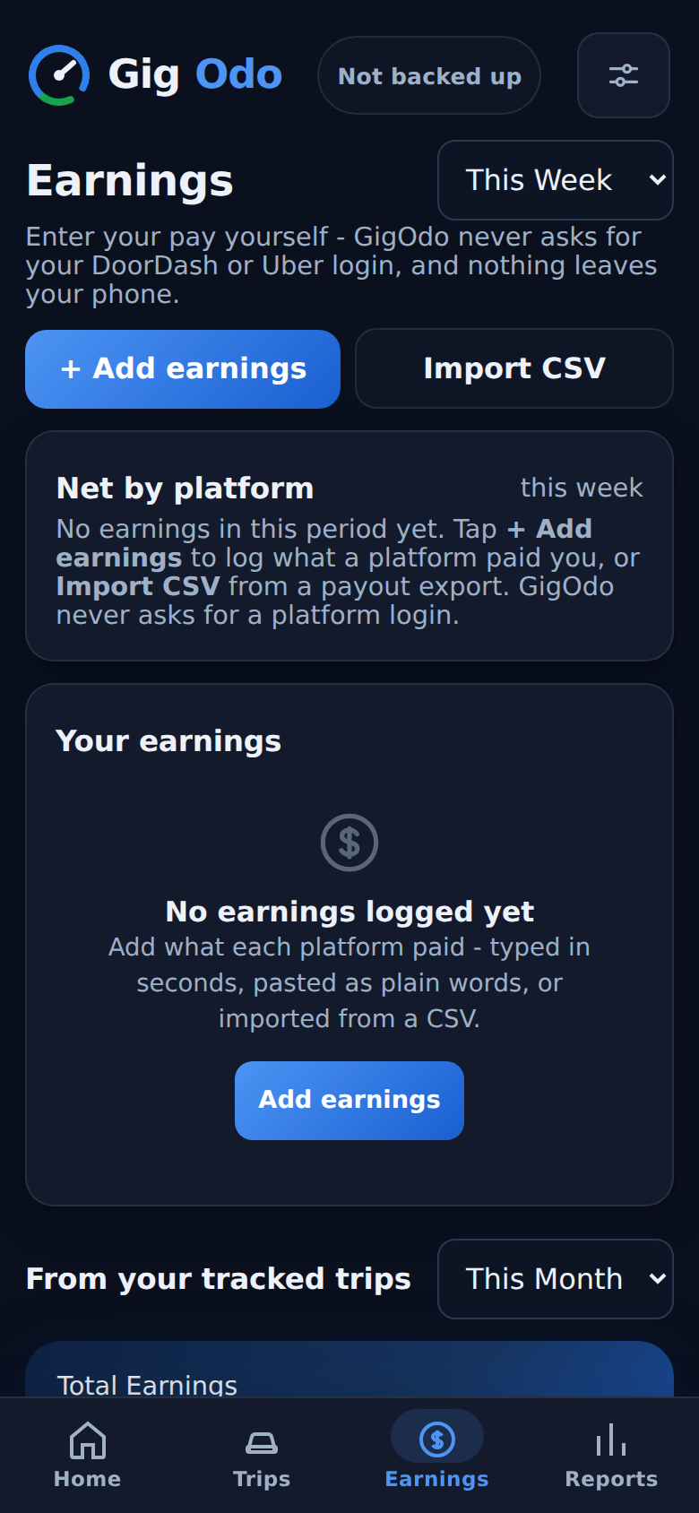 GigOdo Earnings tab with net-per-platform ranking