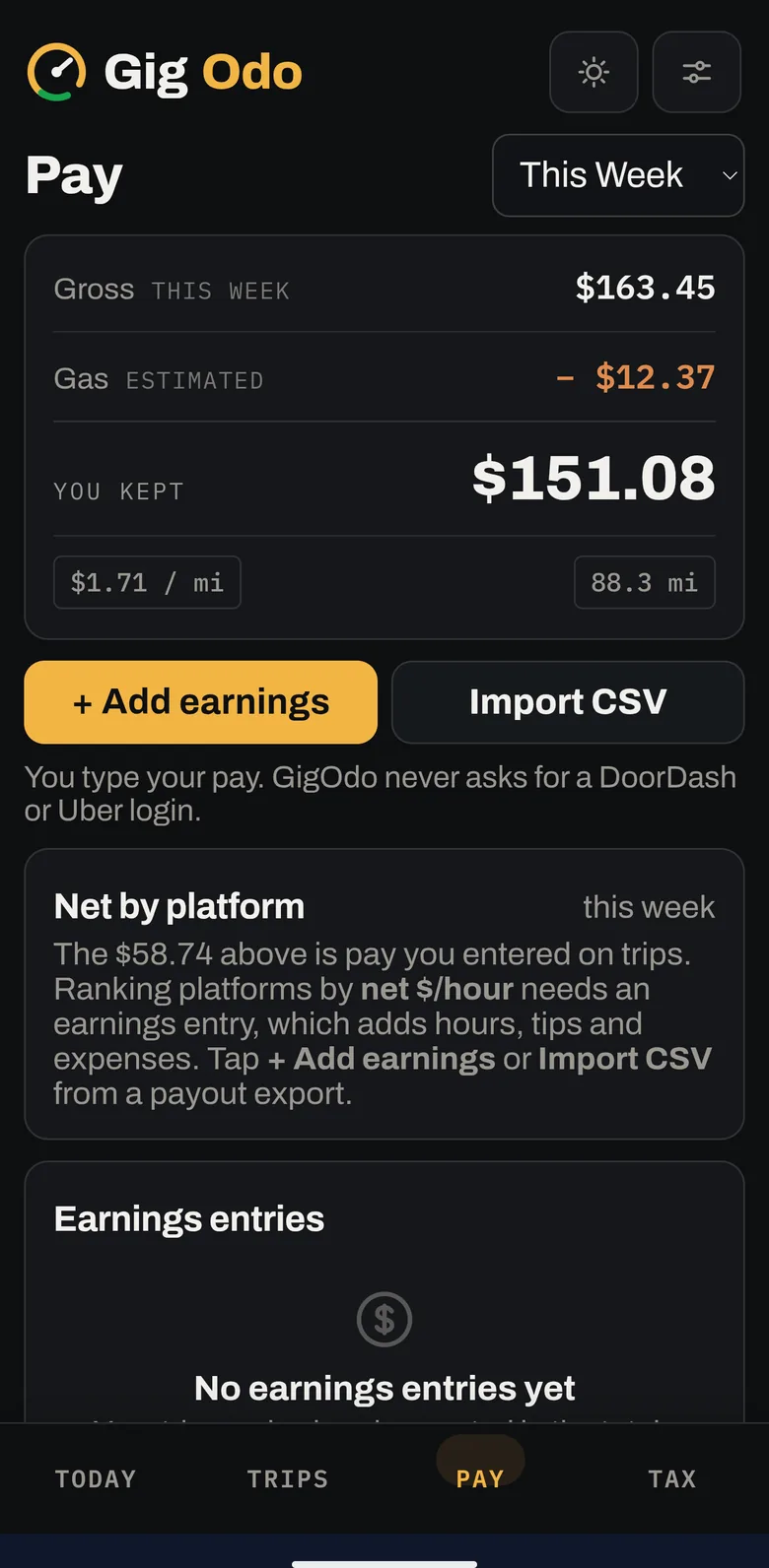 GigOdo earnings screen with weekly chart and net profit after fuel