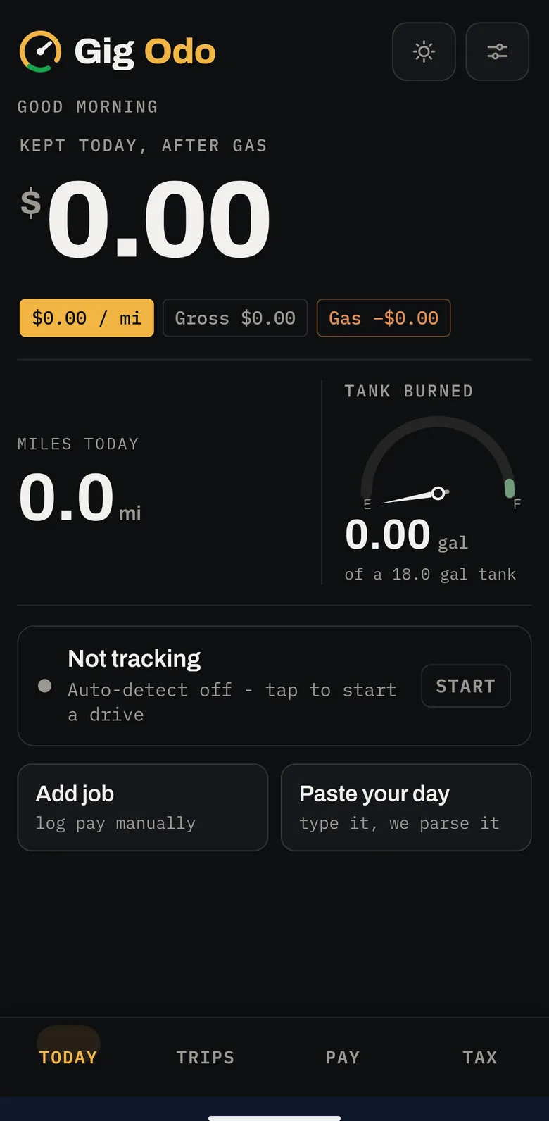GigOdo home screen showing today's miles, earnings, fuel cost, and trips