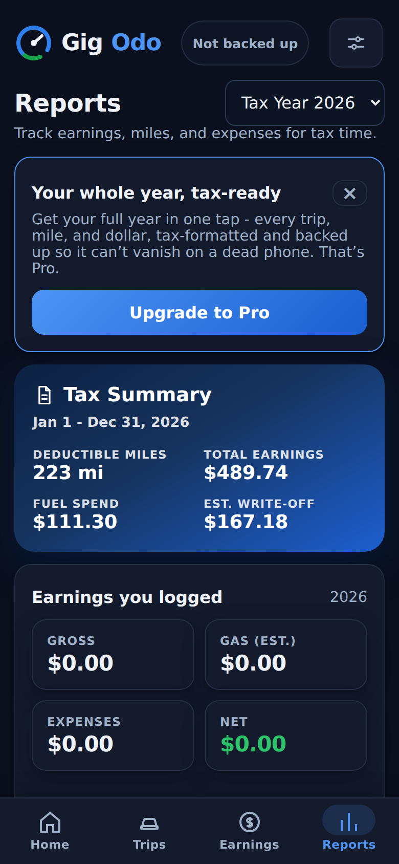 GigOdo Reports tab with tax summary and exports