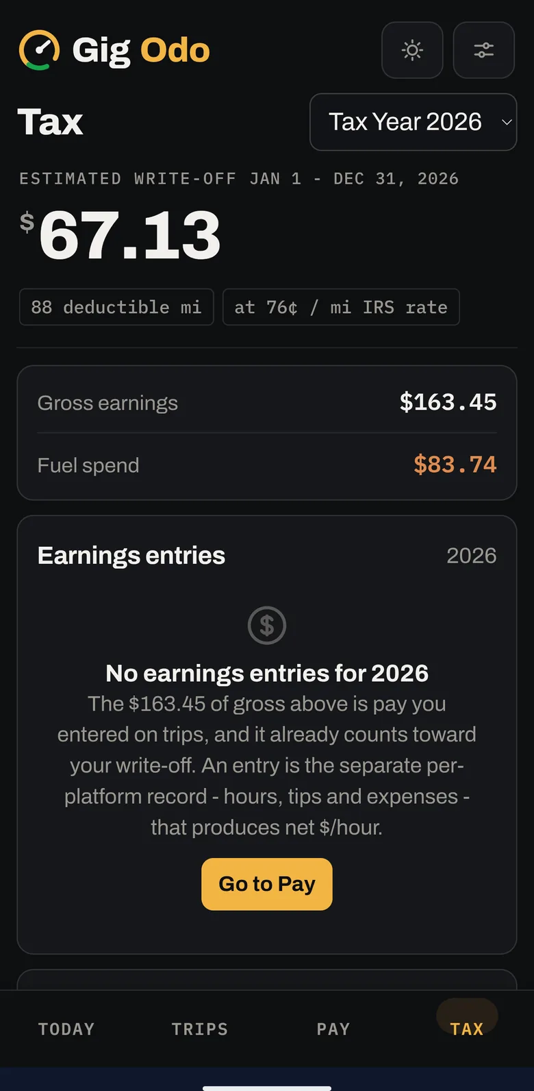 GigOdo reports screen with tax summary and exports