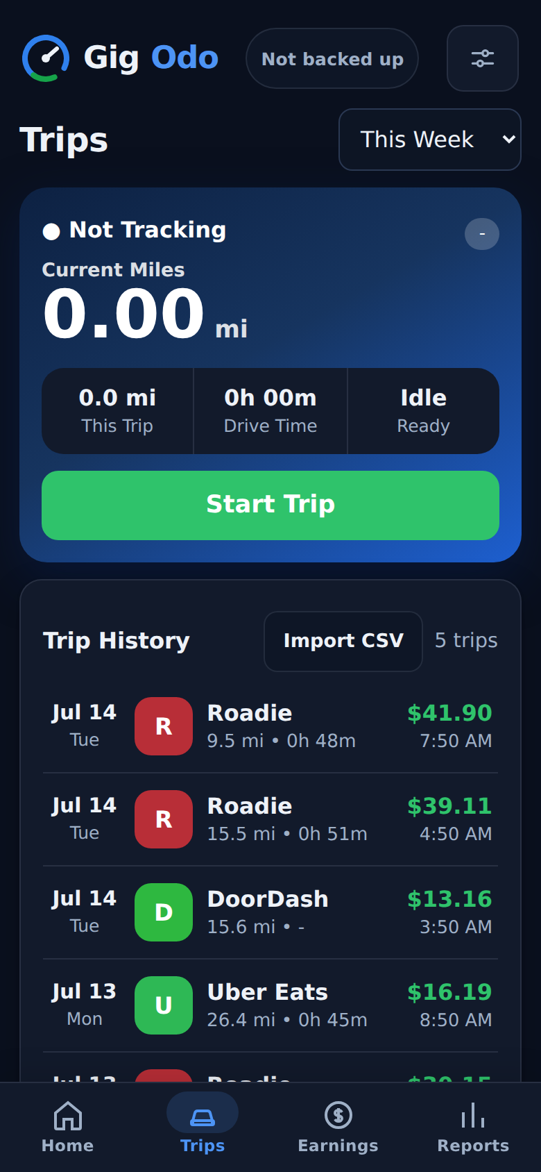 GigOdo Trips tab with live tracking card and trip history