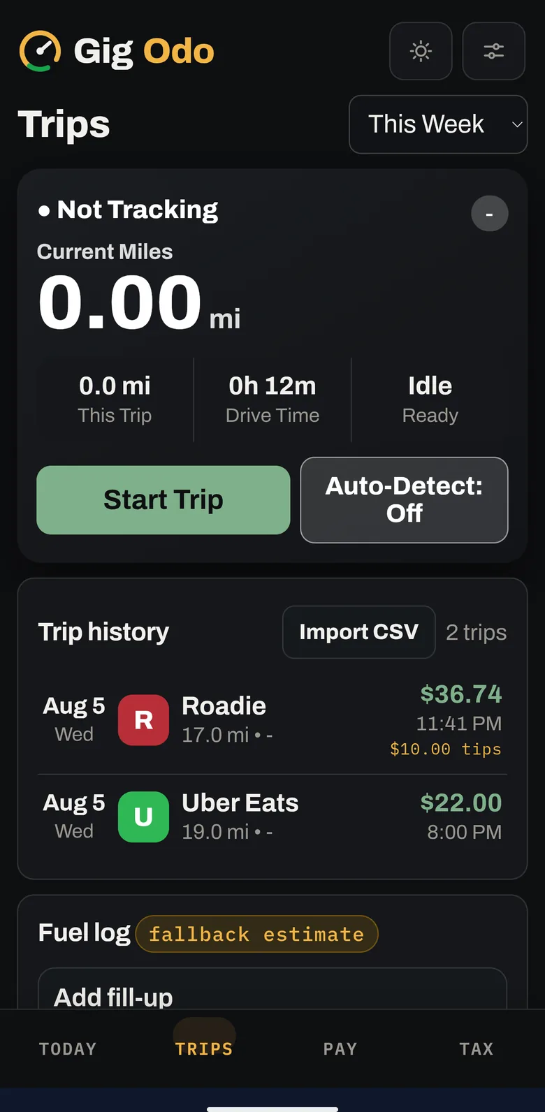 GigOdo trip list with auto-detected drives